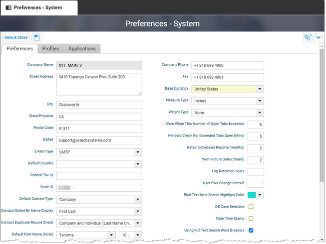 Preferences - System Tab